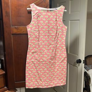 Pink and green Vineyard Vines fish print shift dress.